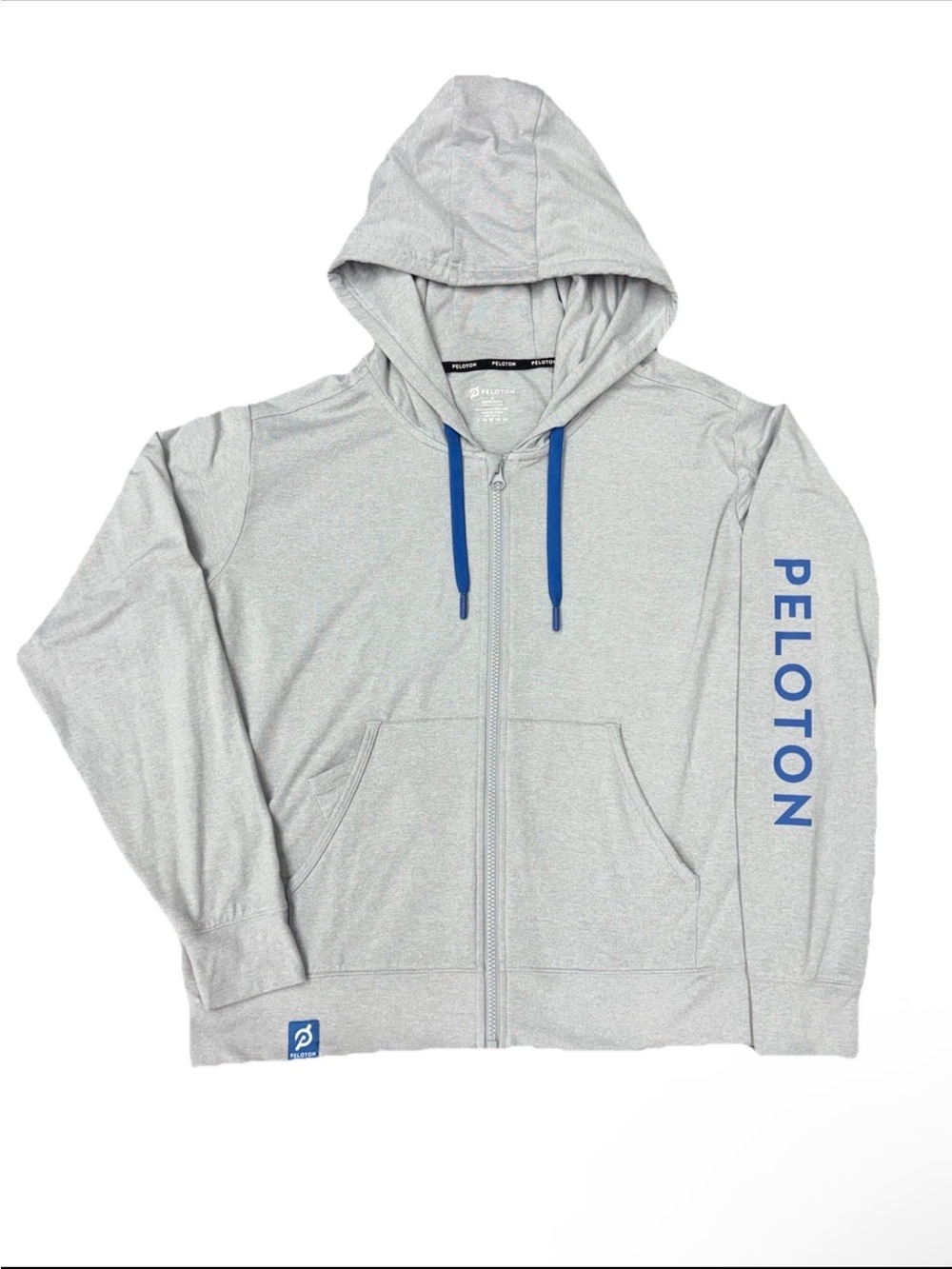 Peloton Gray Hoodie with Blue Drawstrings